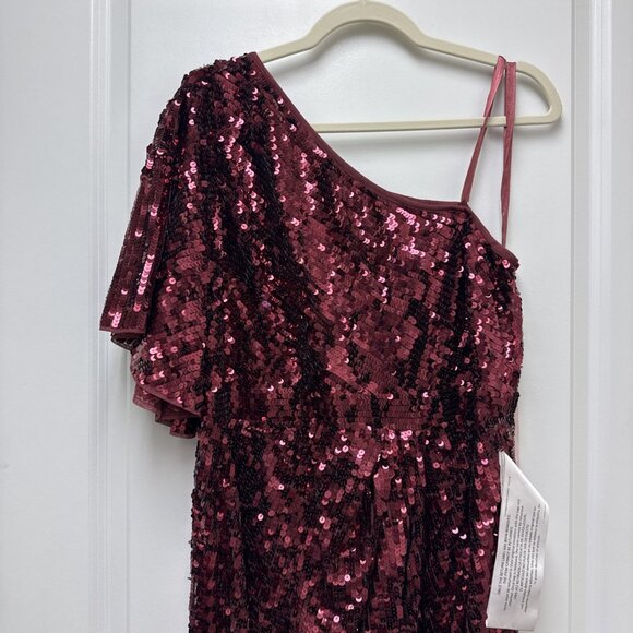 New Mac Duggal Size 16 Burgundy 93540 One-Shoulder Sequin Formal Gown Maxi Dress - Picture 11 of 12
